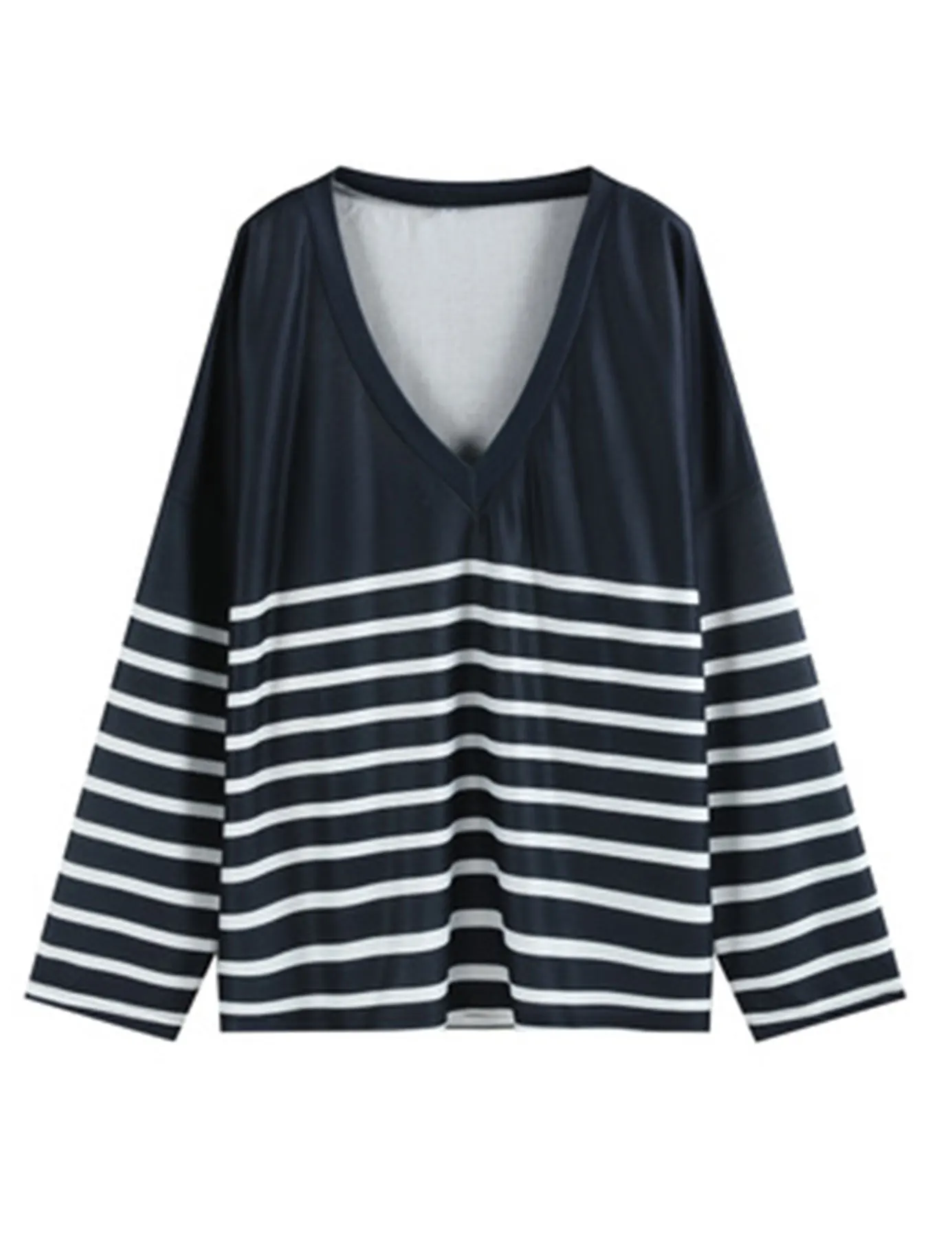 Plus Size Casual Top, Women\'s Plus Colorblock Stripe Print Long Sleeve V Neck Top