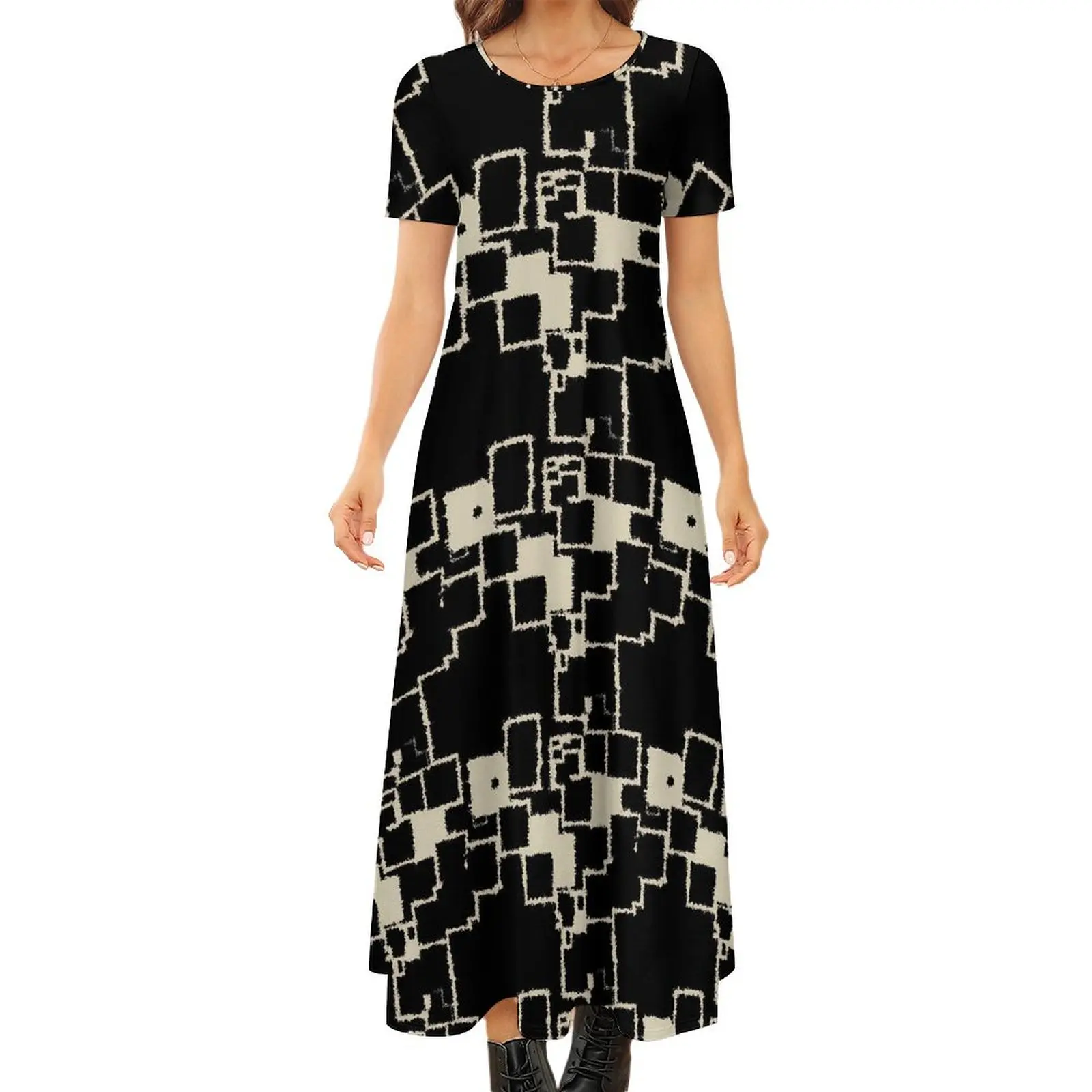 

Vintage Geometric Dress Patchwork Print Elegant Maxi Dress Women Short Sleeve Fashion Boho Beach Long Dresses Big Size 6XL 7XL