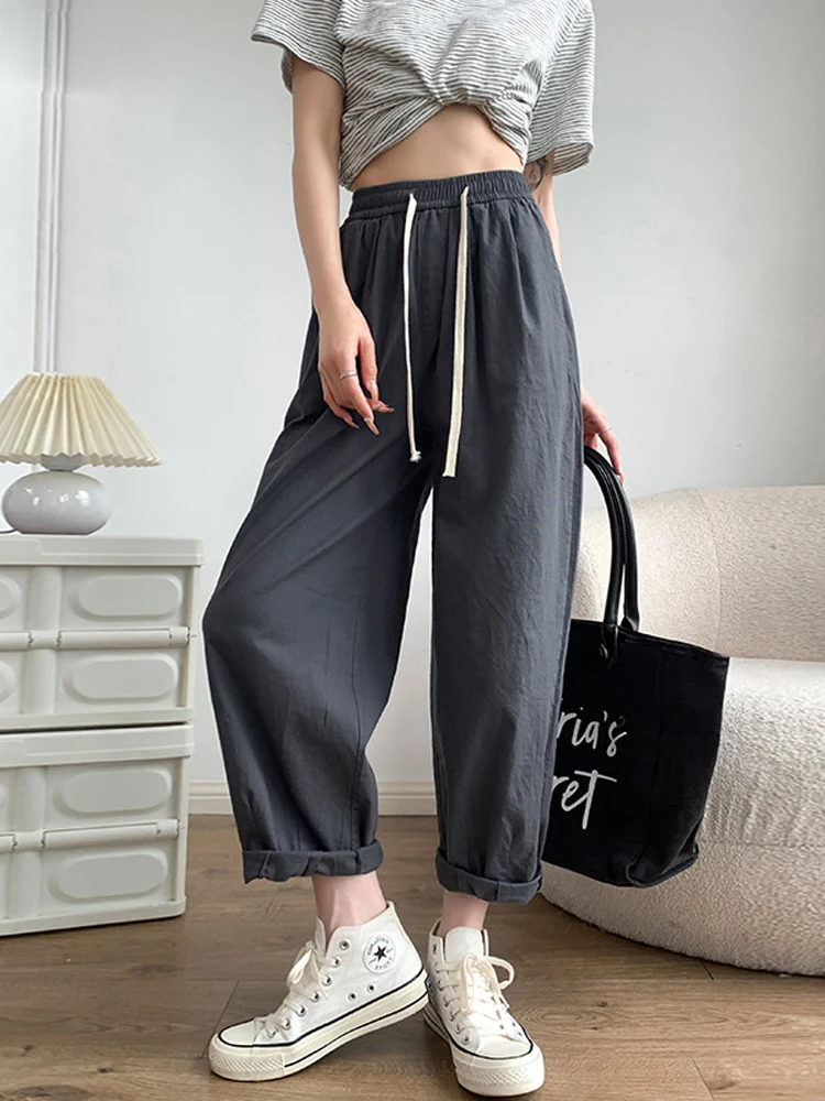 Gray Cotton Line Capri Pants for Women 2024 Summer Loose High Waist Harem Cargo Pants  Women's Baggy Trousers Sweatpants Jogger