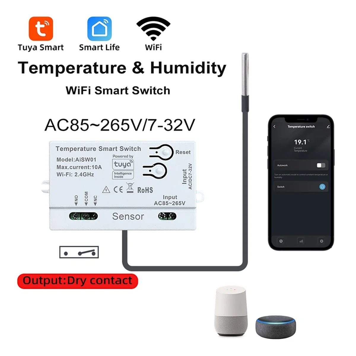 AB53 Tuya WiFi Temperature Switch Sensor 2.4G WiFi Temperature Switch Sensor Smart Switch with 1M Temperature Probe