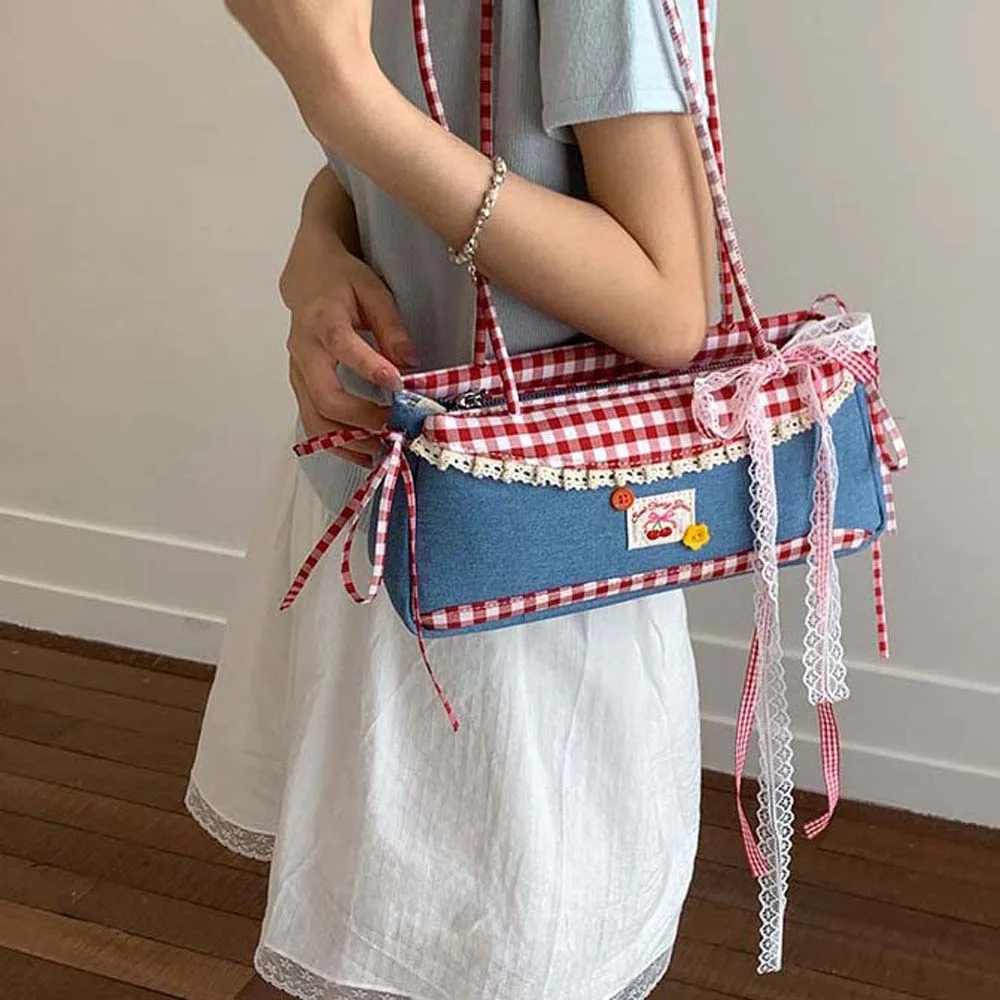 

Portable Sweet French Stick Handbag Bow Contrast Color Plaid Shoulder Bag Korean Style Lace Ribbon Cloth Underarm Bags Work