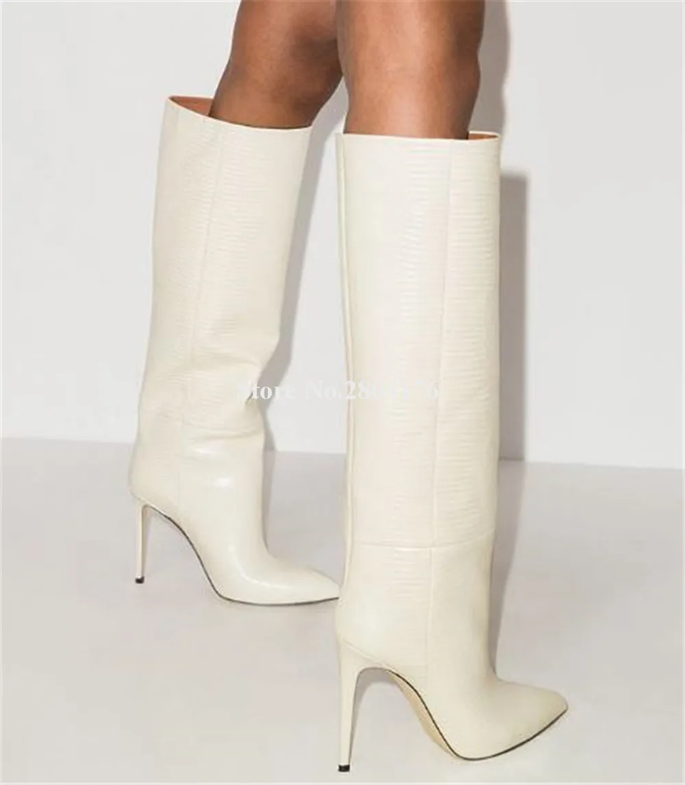 Elegant White Black Green Wine Red Pattern Leather Stiletto Heel Knee High Boots Pointed Toe Slip-on Thin Heel Long Boots