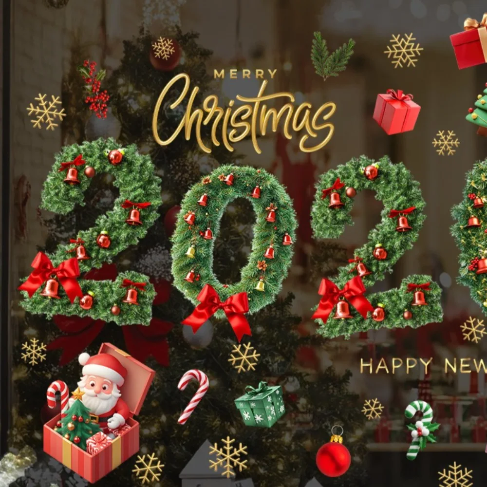 عيد الميلاد ملصقات نافذة عيد ميلاد سعيد زينة للمنزل 2025 نافيداد نويل هدايا عيد الميلاد الجدار ملصق غرفة الاطفال السنة الجديدة 2026