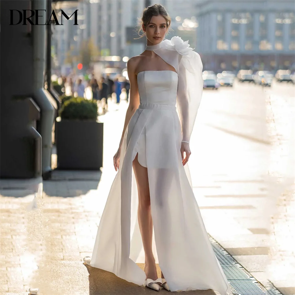 DREAM Two-Pieces Strapless Satin Wedding Dress Flowers Split Open Back One-Shoulder Bridal Gown Vestidos De Novia Customized