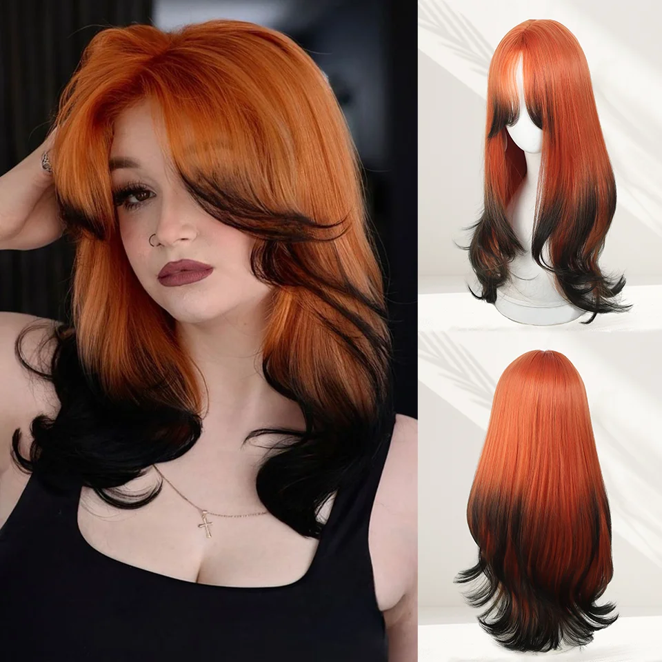 

LUPU Synthetic Orange gradient black Wavy Wig - with Bangs Heat Resistant Hairpiece for Women Party Cosplay Halloween Festival
