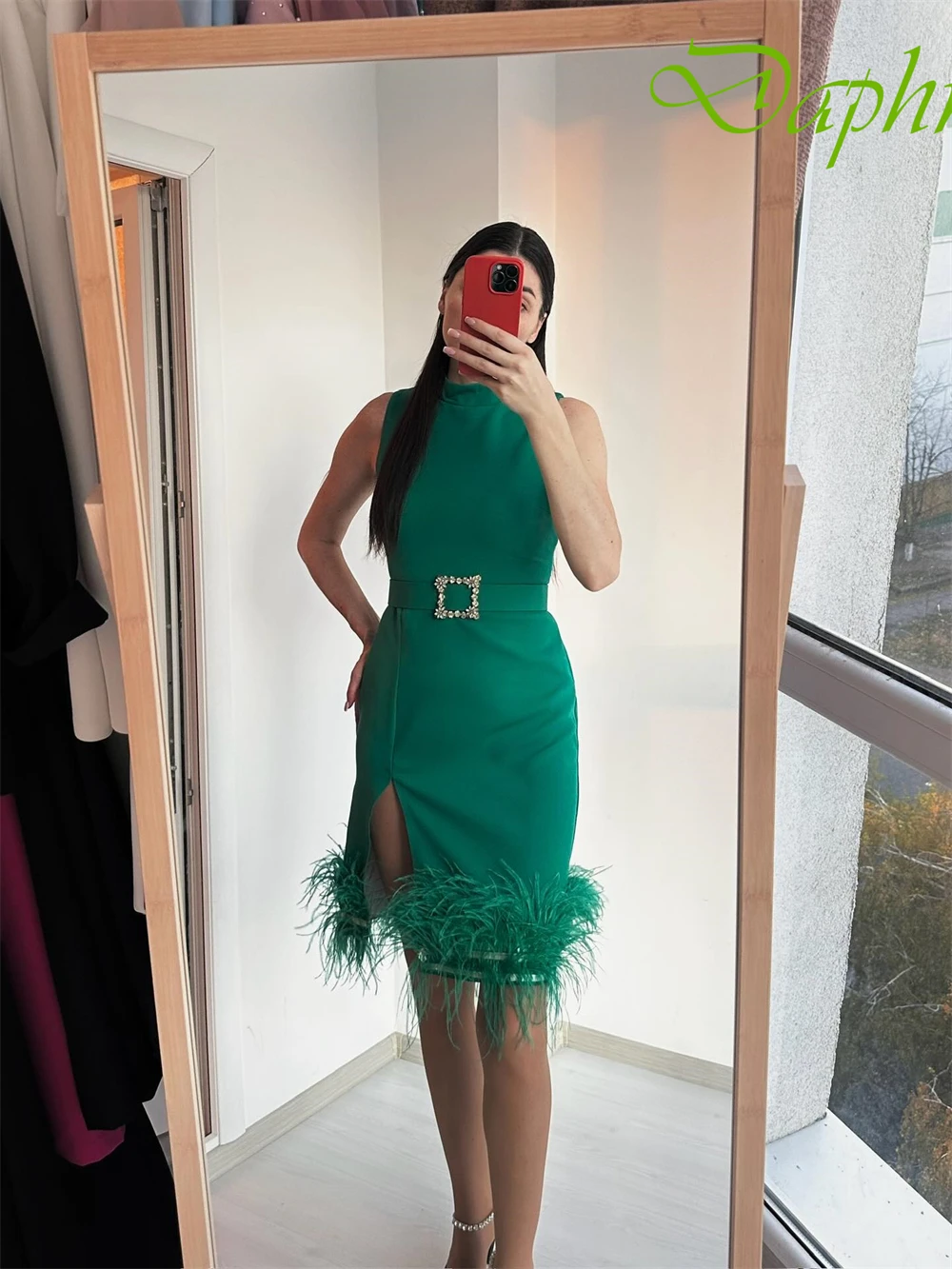 Customized Exquisite High Collar Sleeveless Evening Dress High Quality Satin Prom Dresses Temperament Feathers Party Gowns