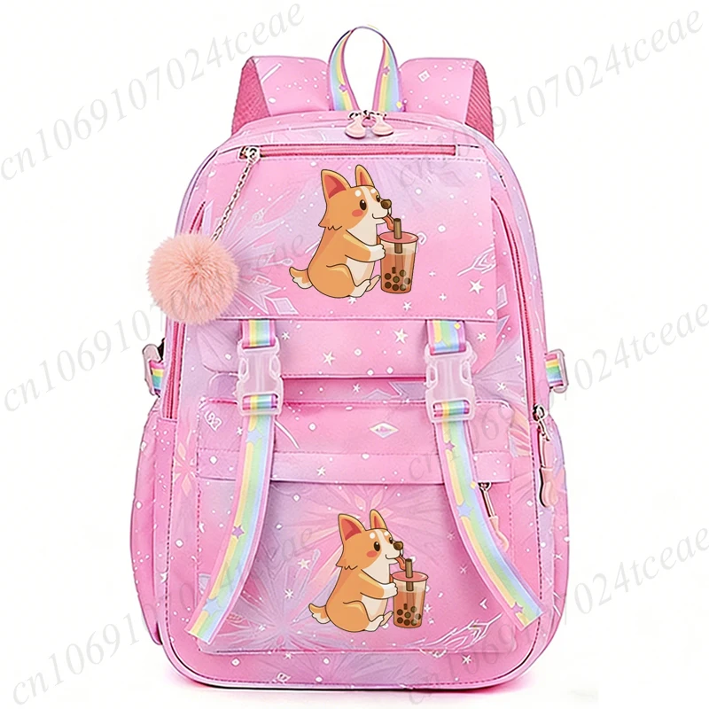 Cute Corgi Boba Tea Student School Backpack, Cartoon Dog Animal School Bag, Multi Storage Pockets, Fashion Aesthetic Rucksack