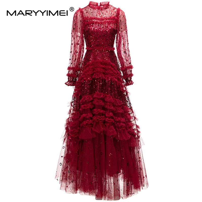 

MARYYIMEI Fashion Designer Spring Women's Ball Gown dress Long sleeved Mesh sequins Ruffles Slim Elegant Party S-XXXL Maxi dress