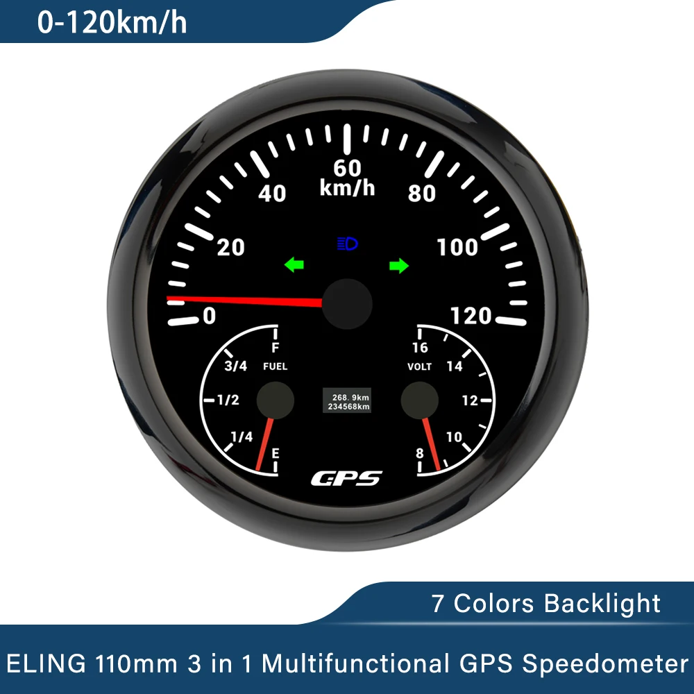 

ELING 110mm 3 in 1 Multifunctional 120km/h 200MPH GPS Speedometer with Fuel Level Voltmeter 7 Colors Backlight for Car Universal