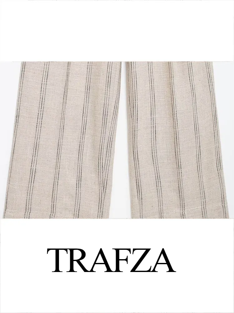 TRAFZA Women Fashion Striped Trousers Suits Linen Lapel Blazer Coat + Elastic Waist Pockets Commute Women\'s Wide Leg Long Pant