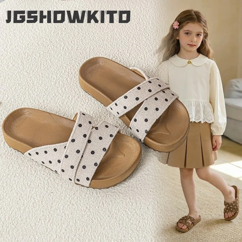 

JGSHOWKITO Summer Children Polka Dot Slippers Outdoor Trendy Girls Fashion Causal Shoes Non-slip Cross Strap Kids Beach Slippers