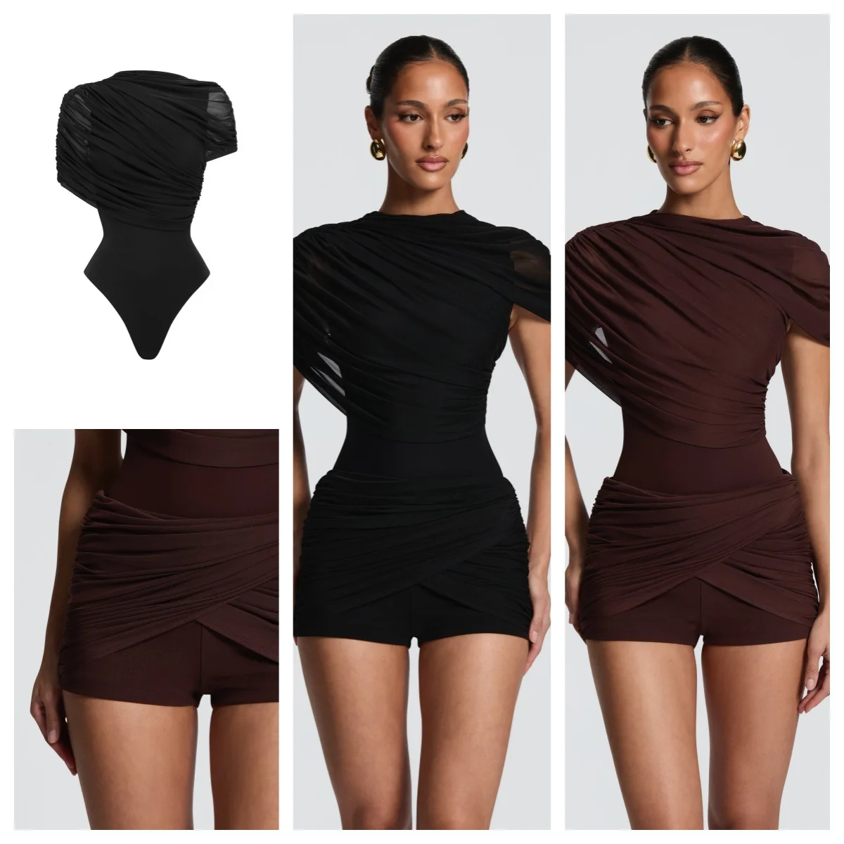 Spicy Girl Style, Asymmetrical Two-piece Set Featuring A One-shoulder. Mesh Bodysuit With [unk]ruched[unk] Detailing And High-wa