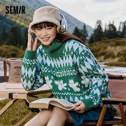 Semir Sweater Women Jacquard Loose Christmas Style 2024 New Winter Retro Stand Collar Bottoming Shirt