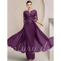 Customized Mother of the Bride Dress Formal Wedding Guest Elegant Scoop Neck Floor Length Chiffon Lace with Sequin Appliques