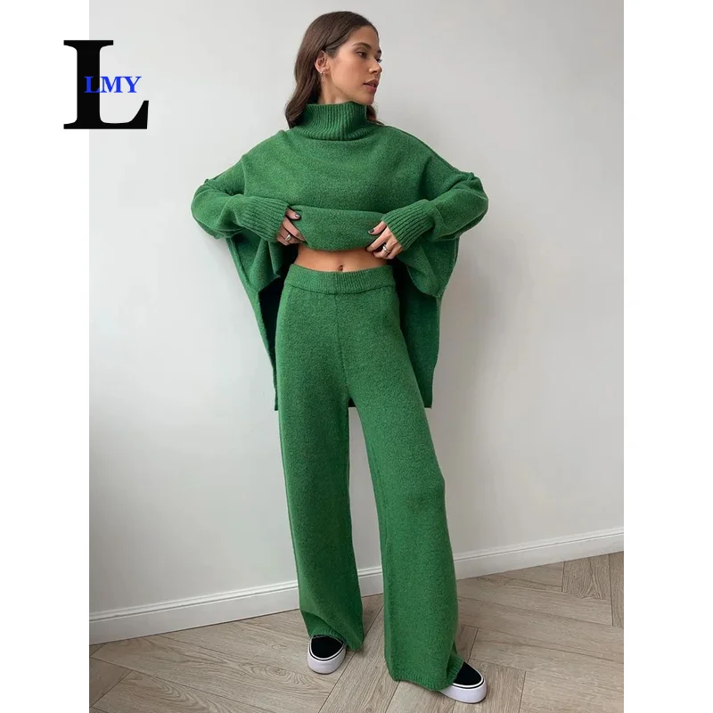 LMY 2025 autumn winter turtleneck sweater set women\'s loose casual lazy thickened knitted trousers suit