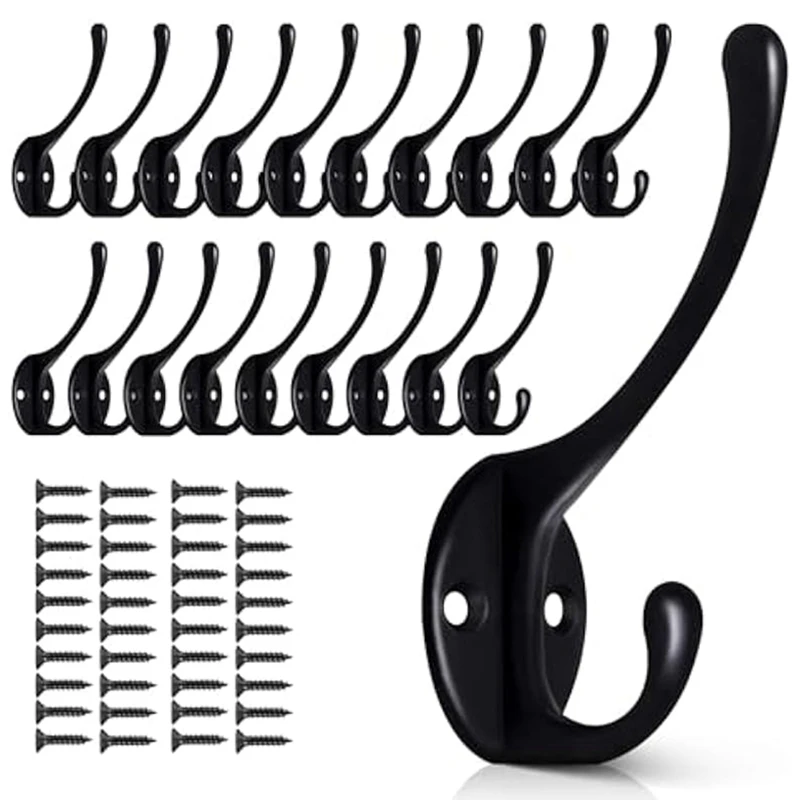 

20Pack Black Wall Hooks For Hanging, Metal Coat Hooks Wall Mounted, Retro Double Hooks Heavy Duty Hanger With 40 Screws Durable