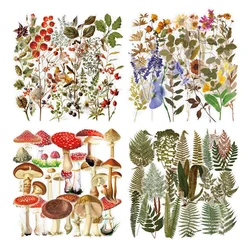 40PCS Transparent PET Vintage Plant Flowers Stickers For Scrapbook DIY Wall Notebook Mushroom Sticker Scrapbooking Material
