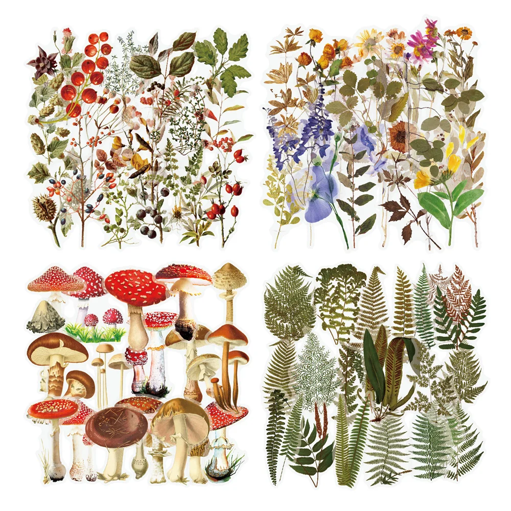 40PCS Transparent PET Vintage Plant Flowers Stickers For Scrapbook DIY Wall Notebook Mushroom Sticker Scrapbooking Material