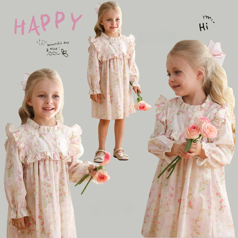 Girls' Dress Autumn French Flowers Wooden Ear Lace Stand Collar Long Sleeve Children's Princess Dress  Ropa De Niña 2-7y