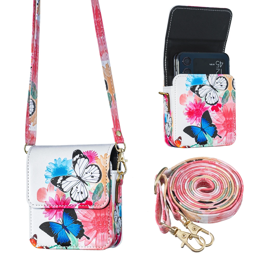 Crossbody Cards Solt Wallet Leather Phone Case For Samsung Galaxy Z Flip 7 6 5 4 3 5G Long Lanyard Cute Pattern Butterfly Cover