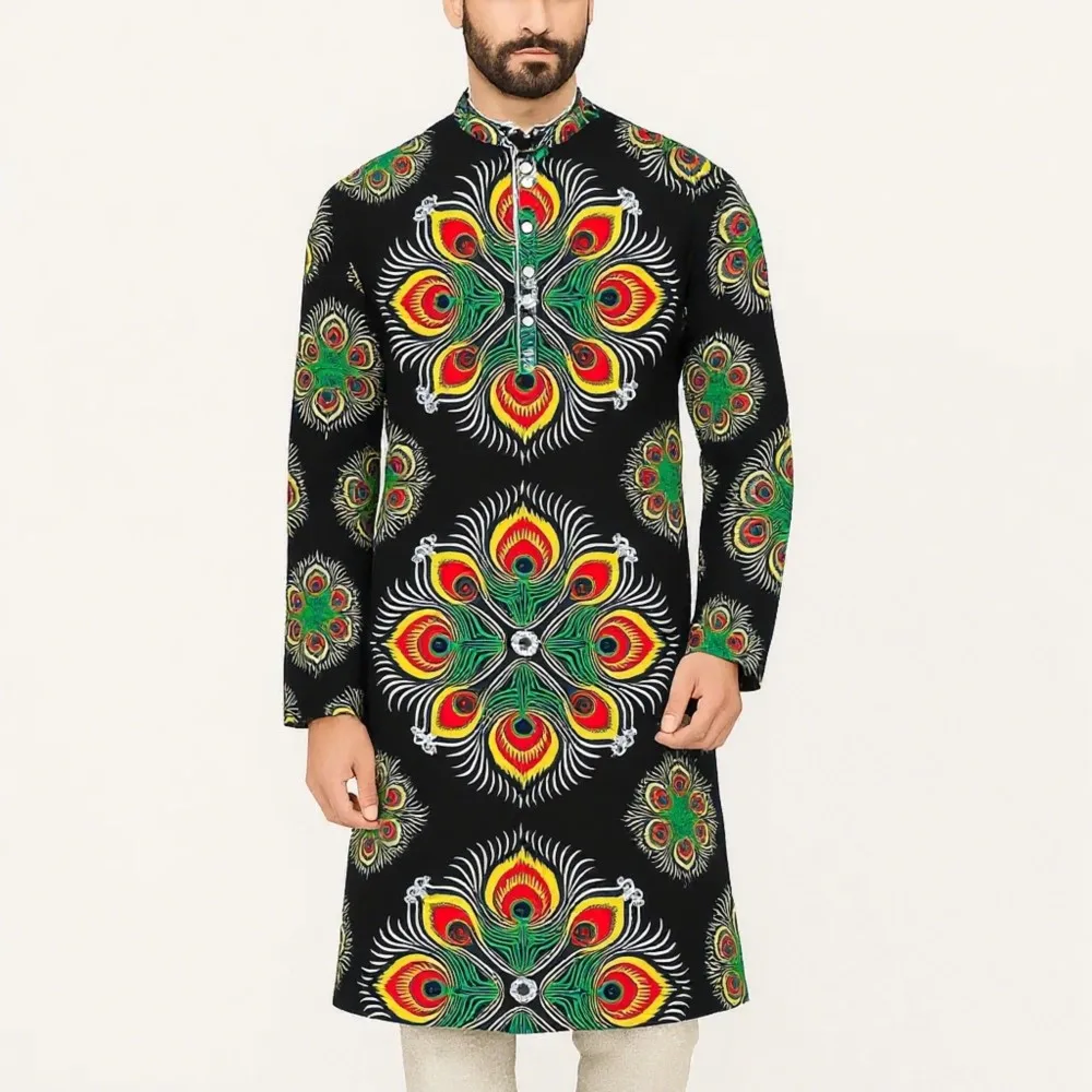 

Мусульманские топы, мужские рубашки в этническом стиле с воротником-стойкой в национальном стиле, повседневное тонкое исламское платье с неровным подолом для мужчин