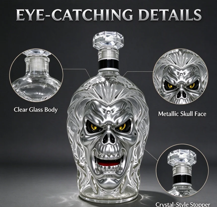 Decorative Skull Glass Liquor Bottle, Handmade Clear Glass Decanter for Whiskey Rum, Home Bar Tabletop Ornament
