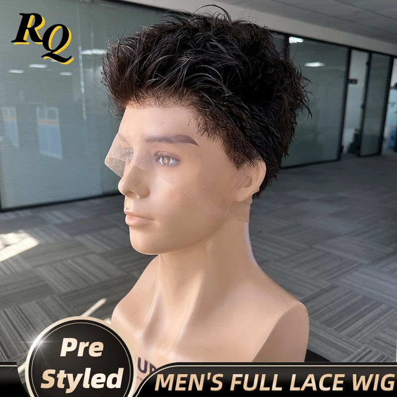 Men's Wig Real Human Hair Pre Style Transparent Lace Male Wigs Men's Capillary Prosthesis Hair System Replacement Pre Cut