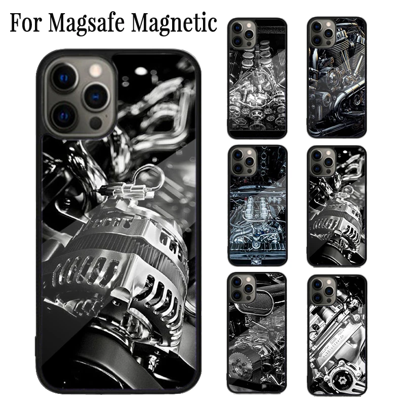 Motor Engine Motorcycle Magnetic Phone Case Coque For iPhone 16 15 14 Plus 13 12 Mini 11 Pro Max Magsafe Wireless Charging Cover