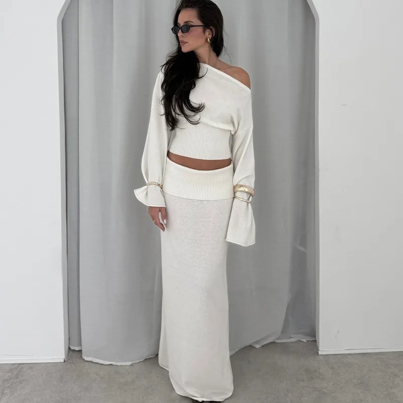 

Tuularose White One Shoulder Dress Set Women Casual Knit Sweaters Solid Skirt Set Elegant Party Vacation Autumn Female Dress Set