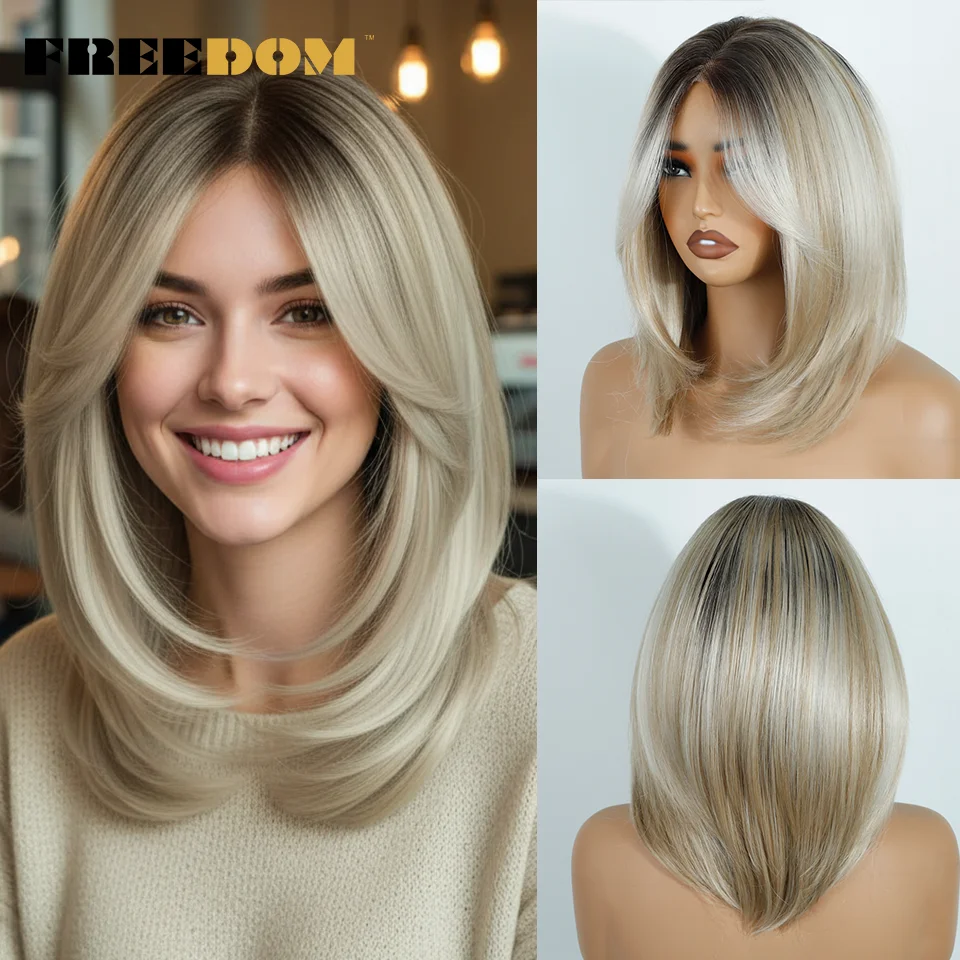 FREEDOM 13x4 Synthetic Lace Front Wigs For Women Short Bob Wig With Bangs Pre Plucked Wear And Go Pre-cut Ombre Blonde Lace Wigs
