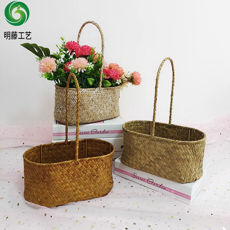 Oval Seaweed Woven Flower Basket Straw Hand-held Flower Pot Home Decoration Garden Ornament Flower Pot Picnic Photo Props