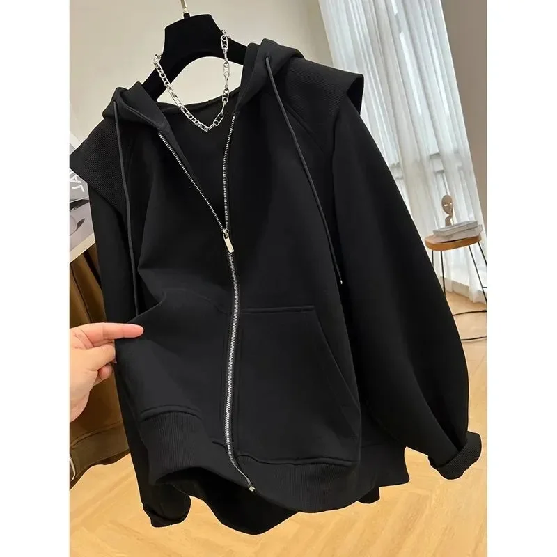 Plus Size Hooded Zipper Sweater Women\'s Loose Cardigan Coat Spring Autumn Fashion Letter Hoodies Sweatshirt Outwear Tops Female