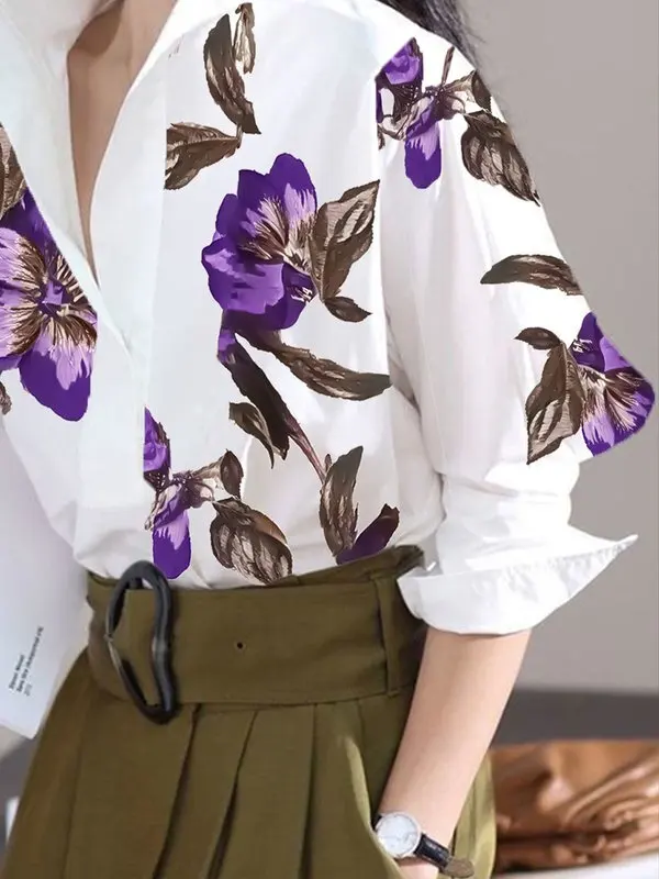 Modigirl 2025 Summer Spring Casual White Shirts for Women Long Sleeves Urban Elegant Stand Collar Woman Flower Print Blouse Tops