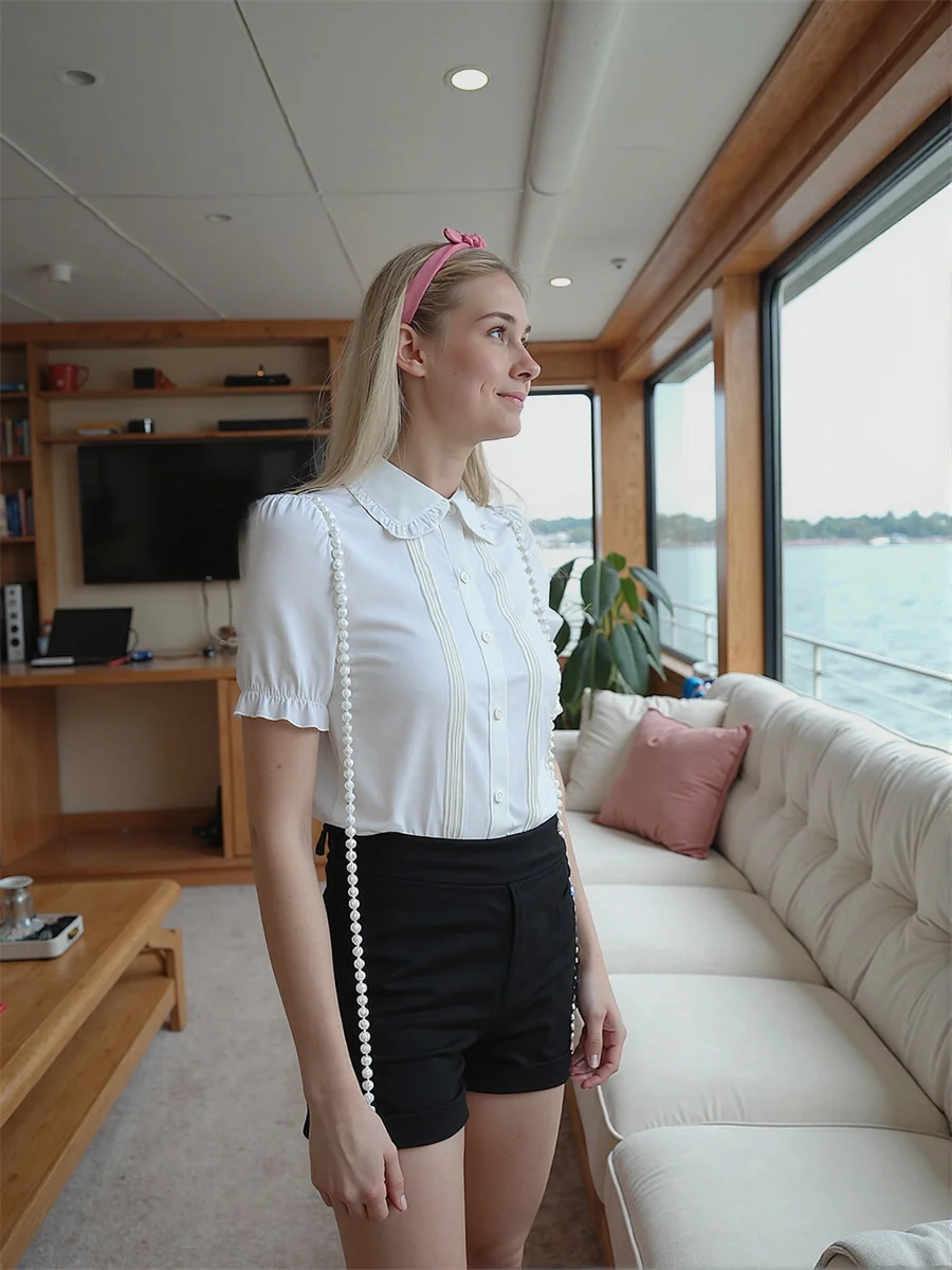 

Женские рубашки с коротким рукавом и оборками в клетку с принтом на пуговицах спереди, повседневные простые базовые милые блузки для колледжа в консервативном стиле, топы