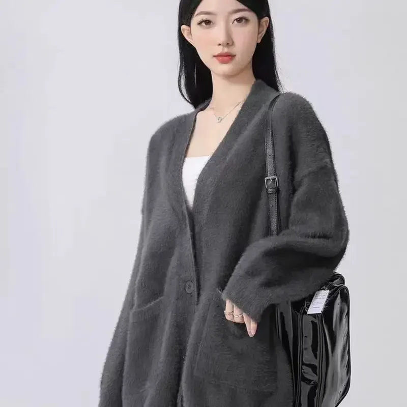 

Women's Clothing Faux Mink Plush Solid Color Cardigan Sweater Jacket for Women Autumn Winter Lazy Style Loose Soft Knitted Coat