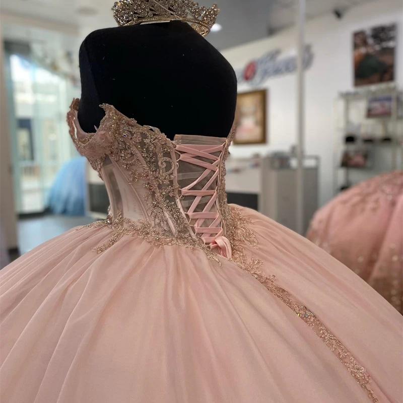 2024 Pink Quinceanera Dresses Sexy Off the Shoulder Princess Ball Gown Appliques Lace Beads Long Corset Party Dress for 15 Year