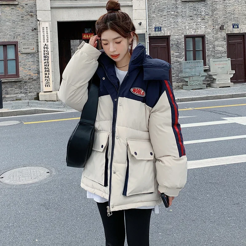 2024 Winter New Cotton Robe Women\'s Color Blocked Bread Robe Thick Cotton Robe Loose Warm Cotton Coat Jacket