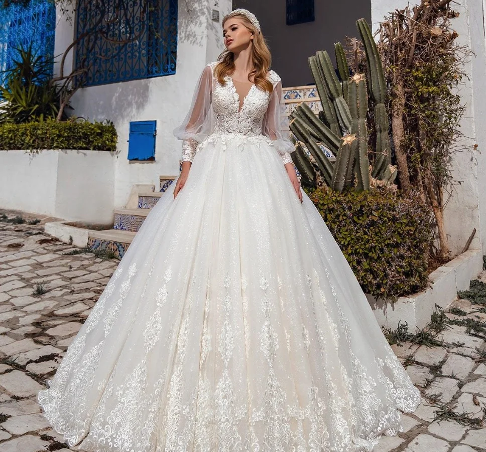 

Lorencia Glitter Sheer Puff Long Sleeve Wedding Dress Lace Appliques Deep V Neck Tulle Boho Bride Gown Vestido De Novia YAW61