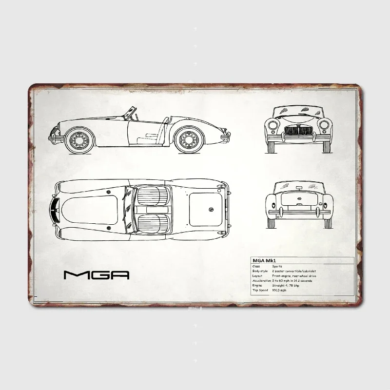 MGA Sports Car Blueprint Metal Sign Wall Mural Kitchen Design Wall Decor Tin Sign Poster Doom Decoration