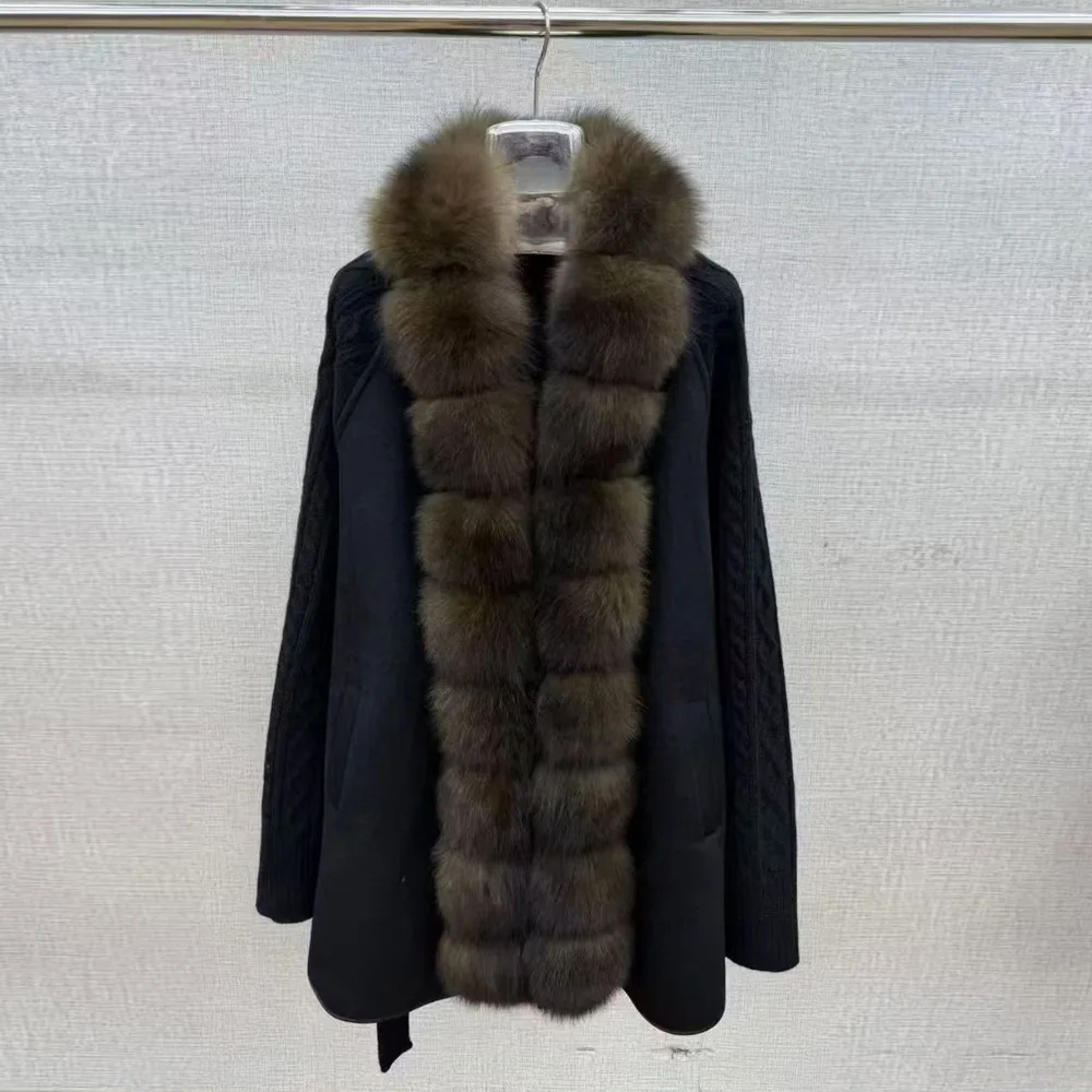 Women's Wool-Blend Coat with Fox Fur Collar and Knitted Panels – 2026 Autumn/Winter New Stylish Wool Coat