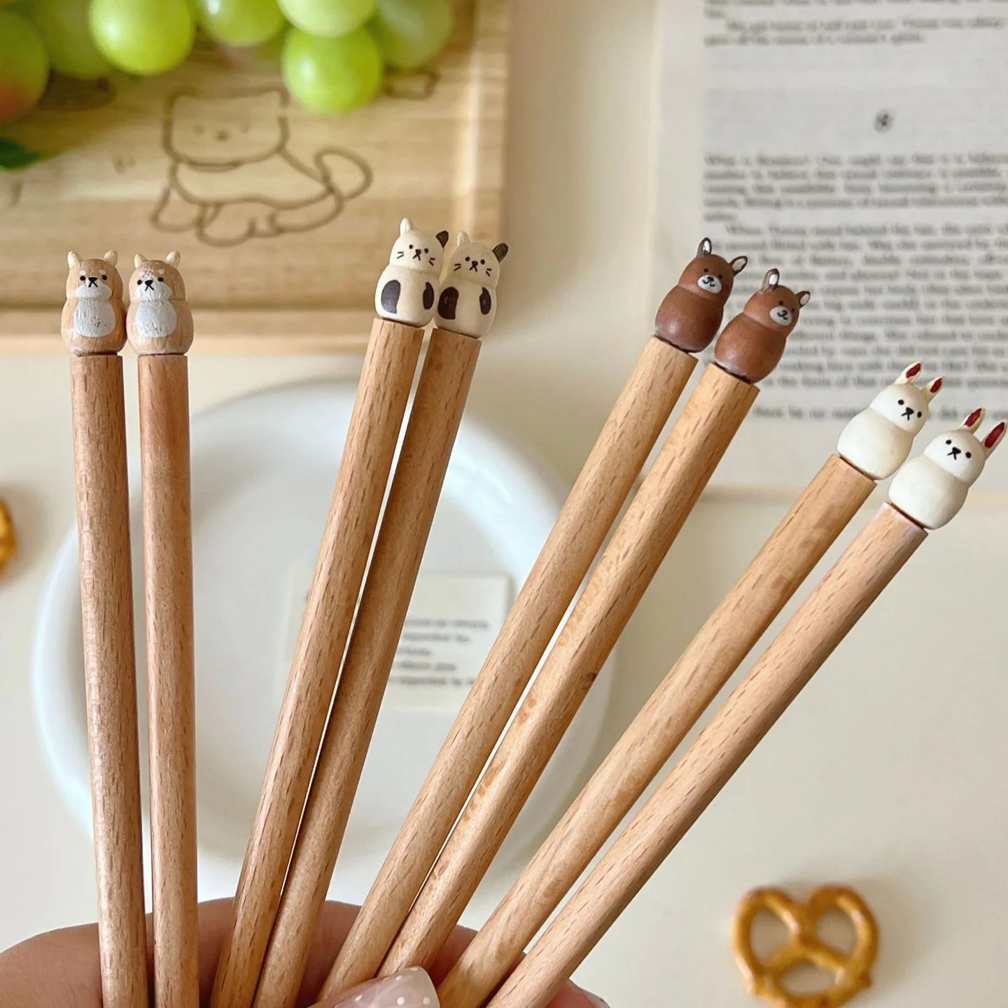 Charming Cartoon Animal Chopsticks Sushi-themed Pair Beech Wood Chopsticks Practical and Stylish Hand-carved Wooden Tableware