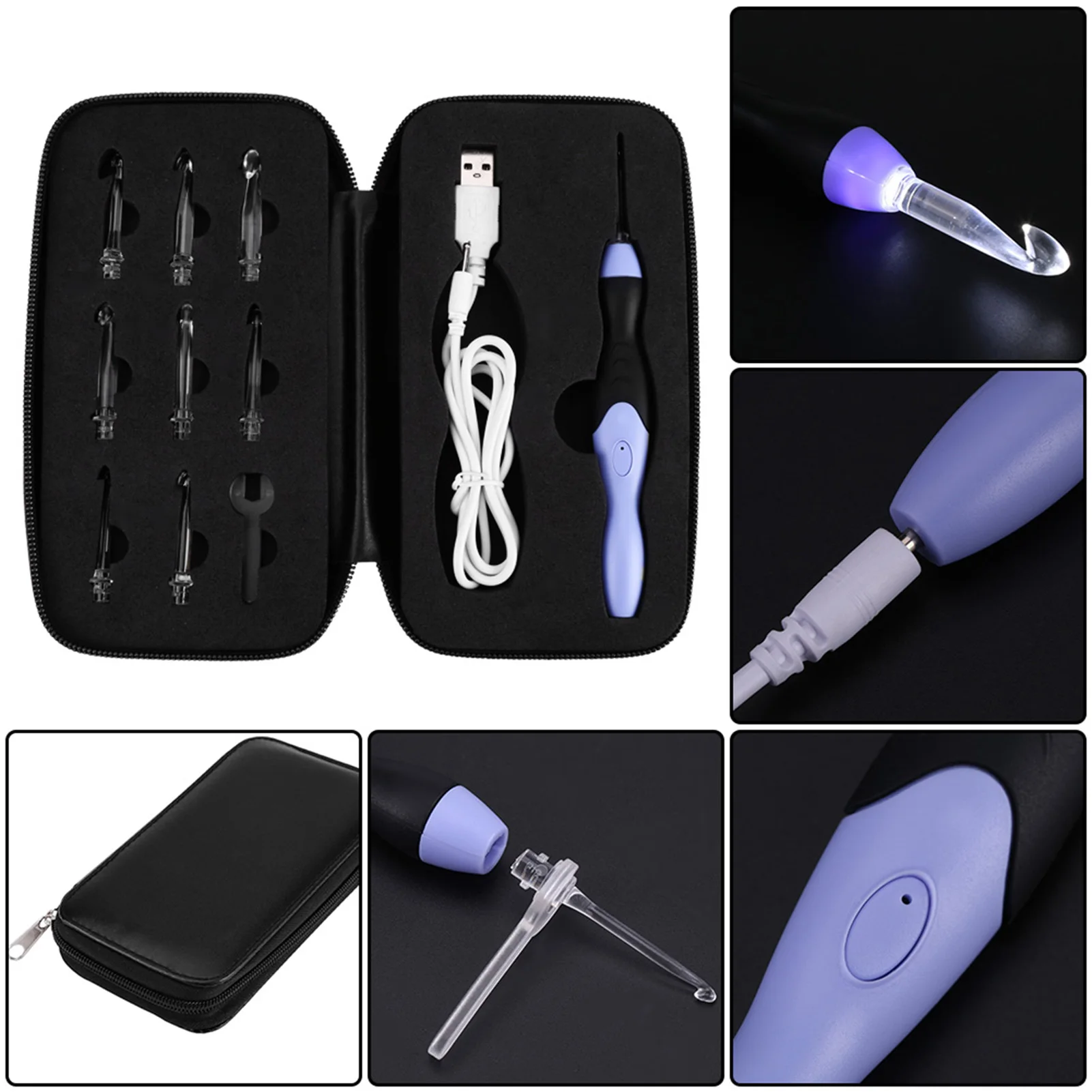 USB Recarregável LED Light Up Crochet Hook Set, Ferramenta de tricô com pontas substituíveis, 2.5-6.5mm