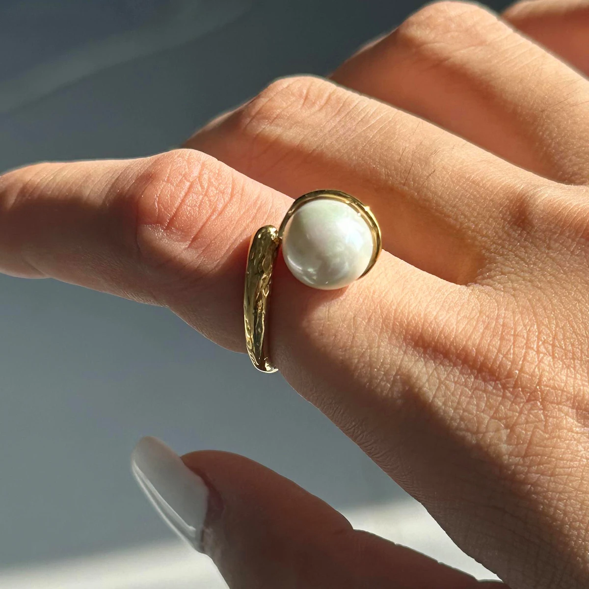 18k Gold Stainless Steel Ins Style Irregular Hammered Pearl Adjustable Open Rings stranger things