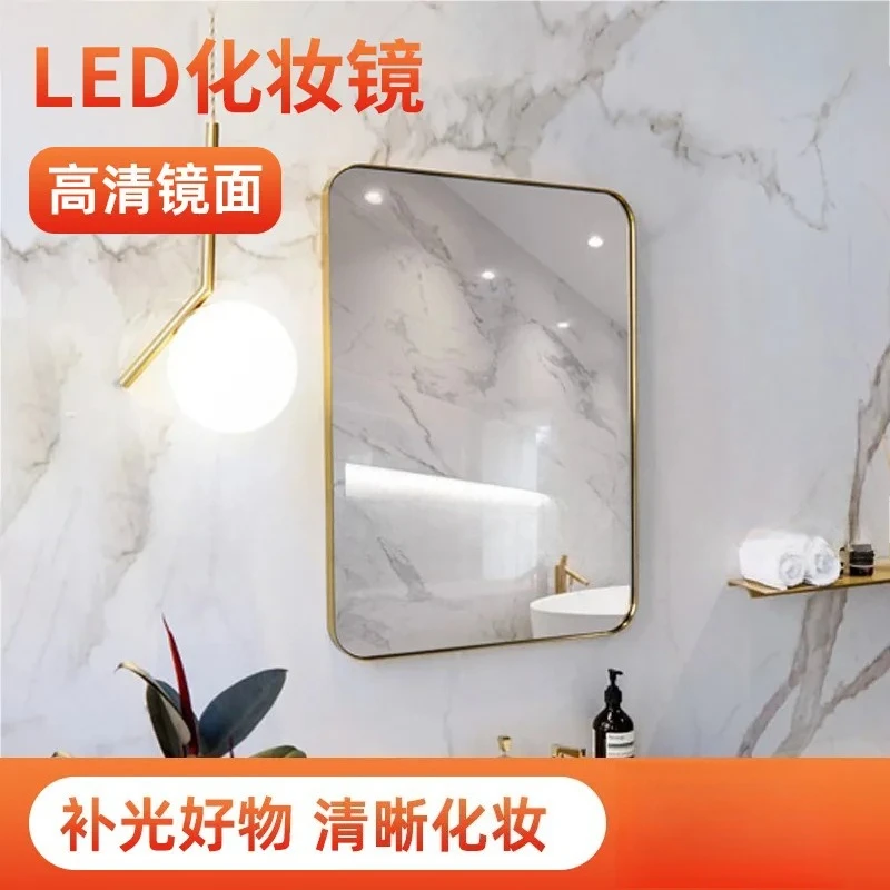 for Nordic Bathroom Mirror Rounded Corner Stainless Steel Wall Mounted Brass Gold Intelligent Anti Fog LED Decorative Vanity