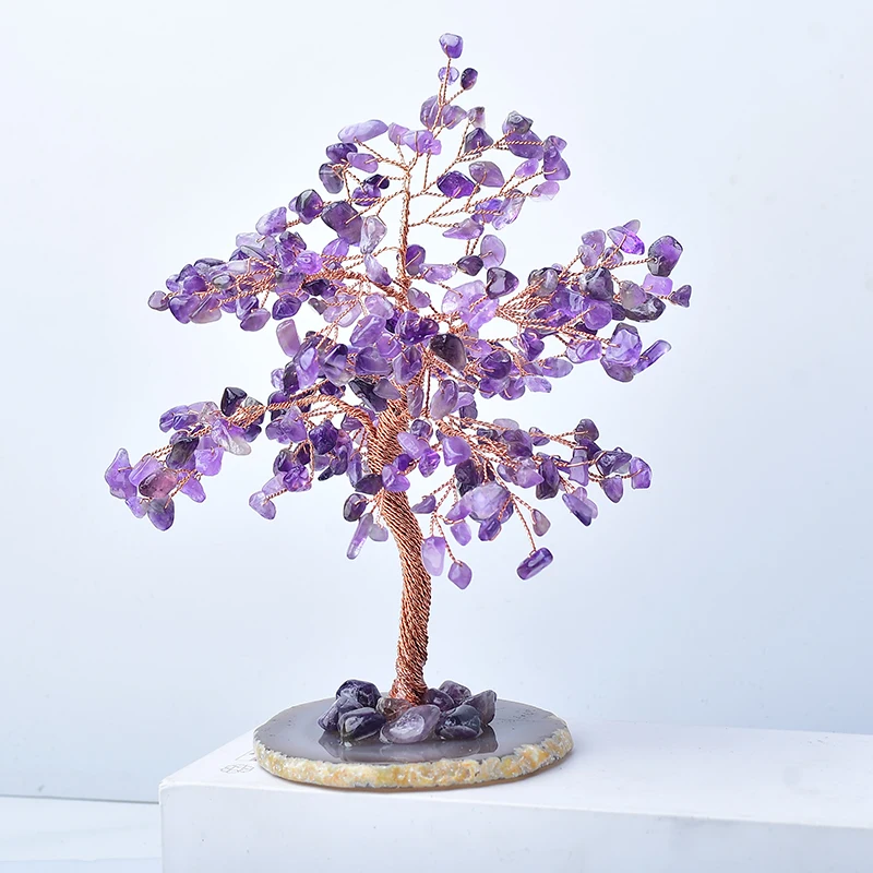 1PC Amethyst Lucky Tree Natural Crystal Tree Gem Weeping Willow With Agate Slices Feng Shui Tree Home Decor Living Room DIY Gift