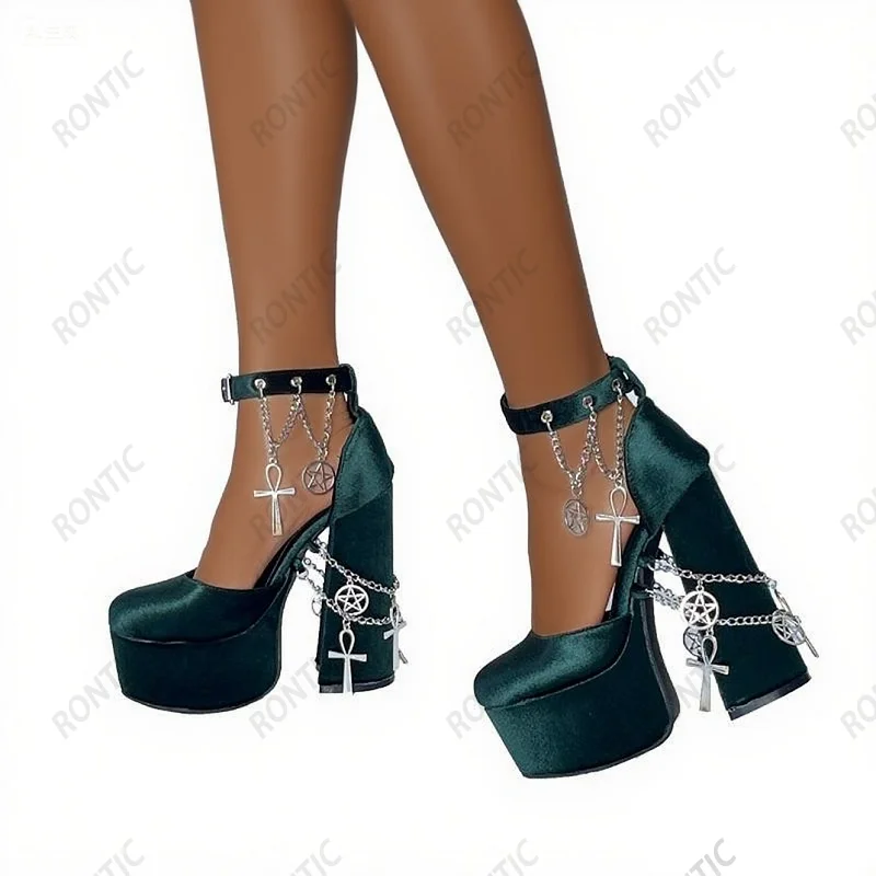 Rontic New Handmade Women Pumps Platform Sexy Chain Chunky Heels Round Toe Beautiful Green Party Cosplay Shoes US Size 5-20
