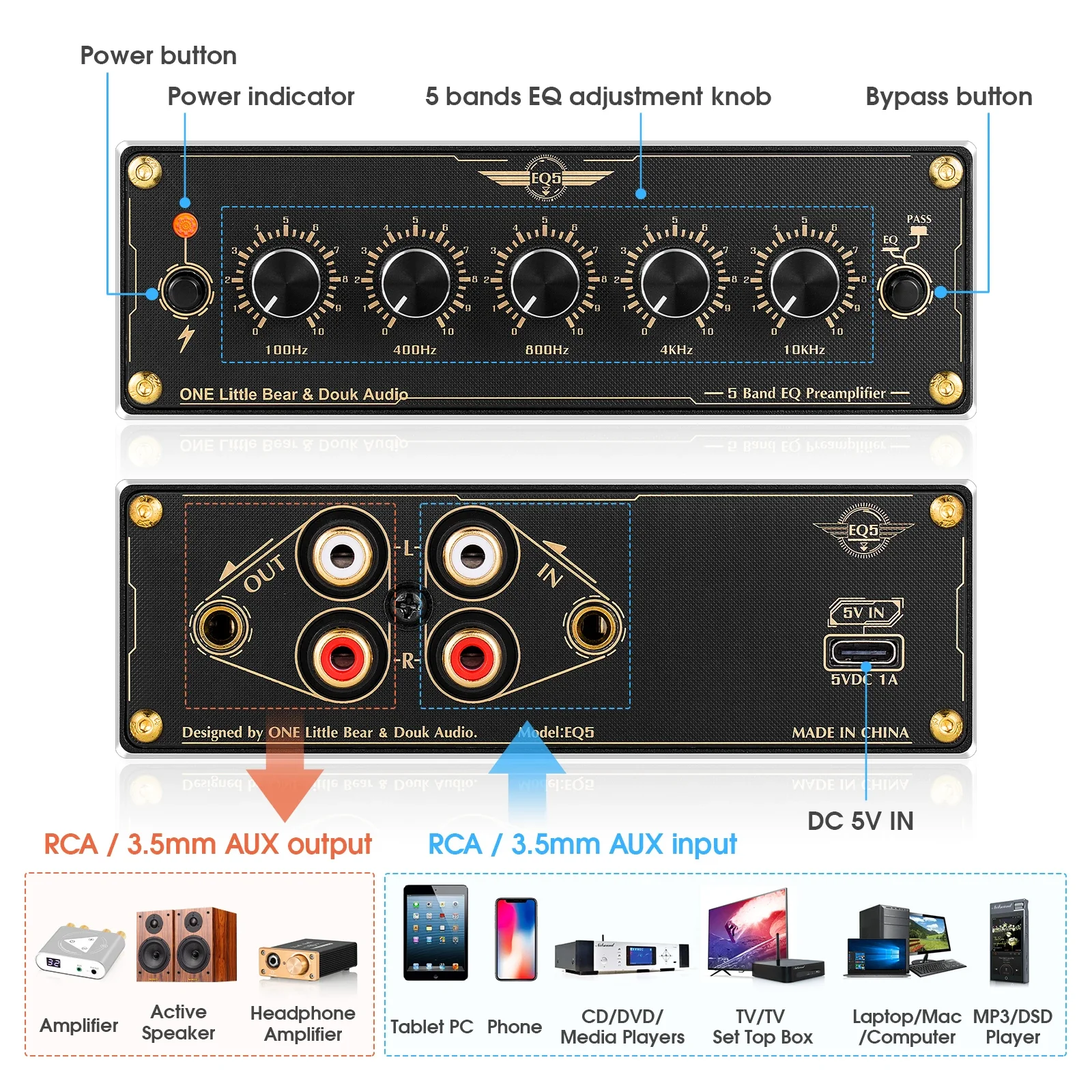 Douk Audio EQ5 2.0 Channel Mni 5-Band Analog EQ Preamp Audio Equalizer Home/Car Audio Processor Stereo Pre-amplifier