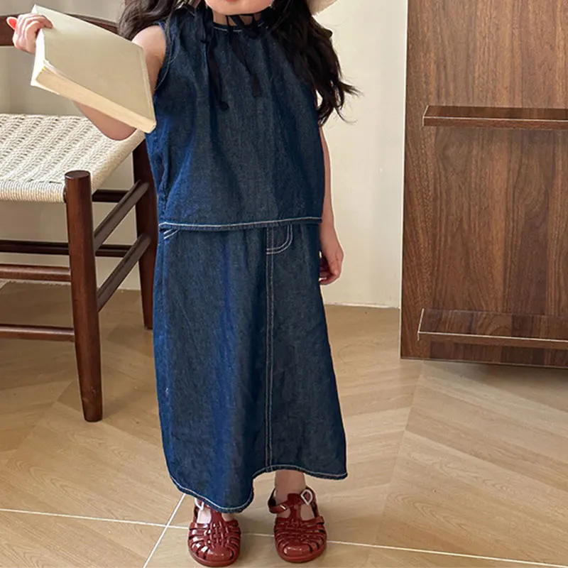 

2024 Elegant Fashion Harajuku Slim Fit Children Clothes Loose Casual All Match a Cowboy Suit Solid Sleeveless Vest Girl's Skirt