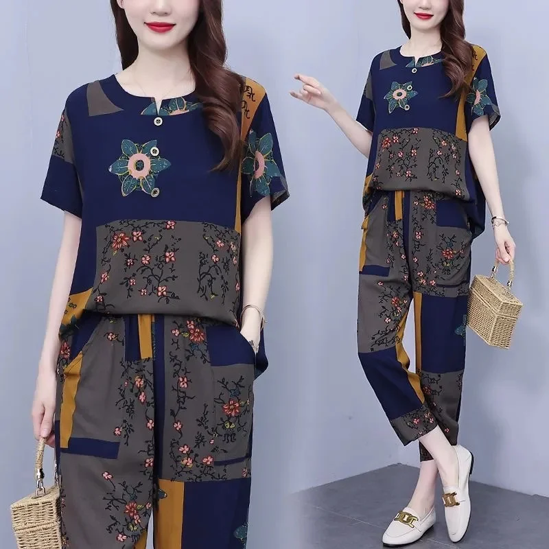 Suit Women\'s Summer 2024 New Fashion High Quality Two-Piece Printed Age-Reducing Set Large Size Ladies Outfit Korean Loose 2PCS