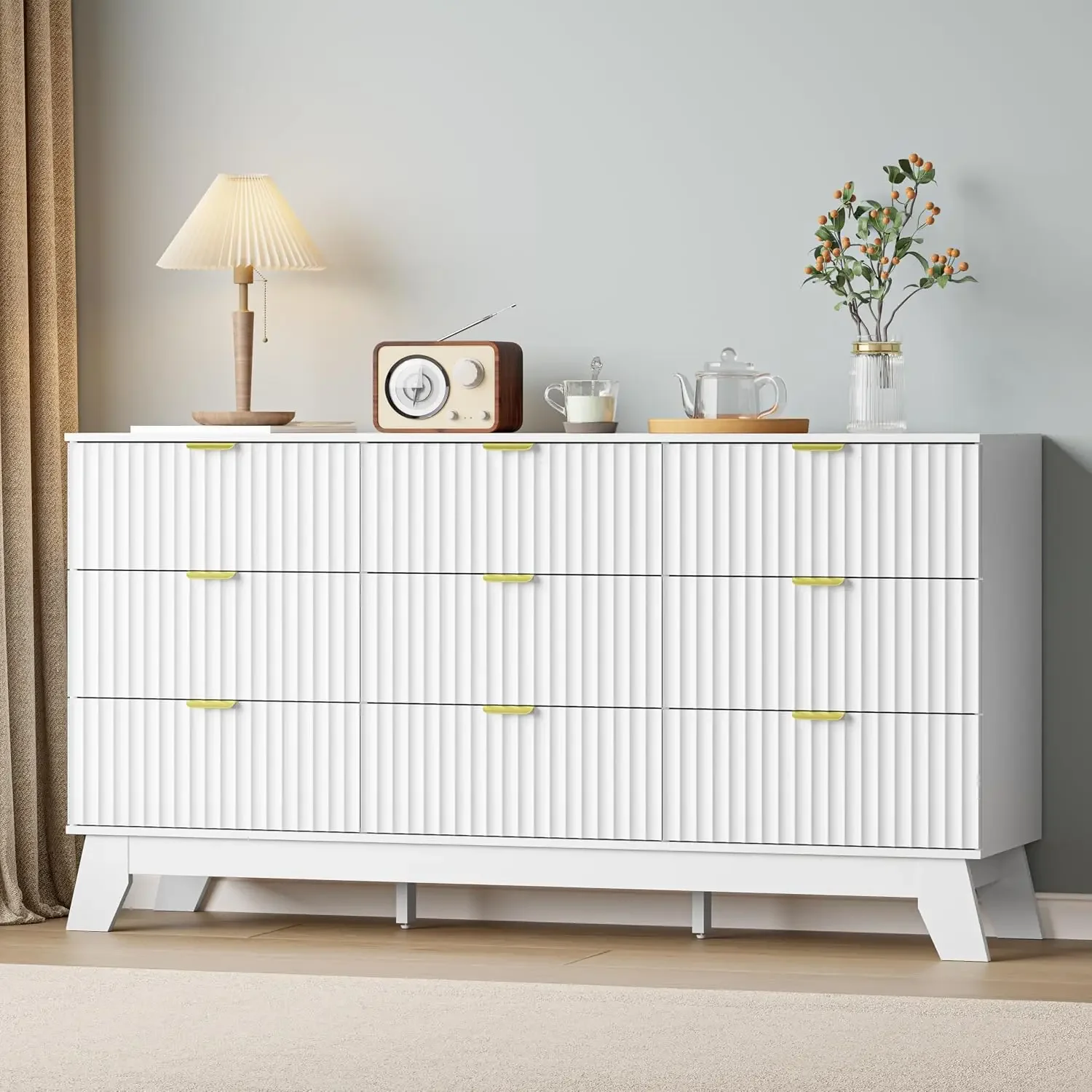 White Dresser 9 Drawer Dresser for Bedroom, 57''Wide Fluted Wooden Dresser Storage Cabinet and Chest of Drawers with Metal Handl